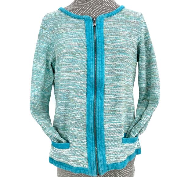 Coldwater Creek Bright Blue Aqua Multi Space Dye Zip Cardigan Sweater Jacket M - Picture 2 of 14
